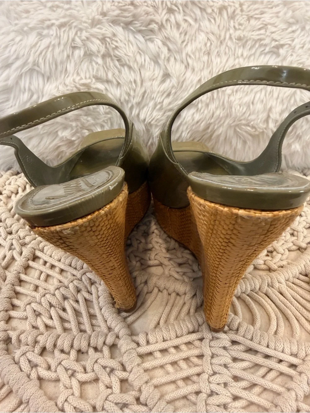 Gucci Olive Patent Leather Raffia Wedge Slingback